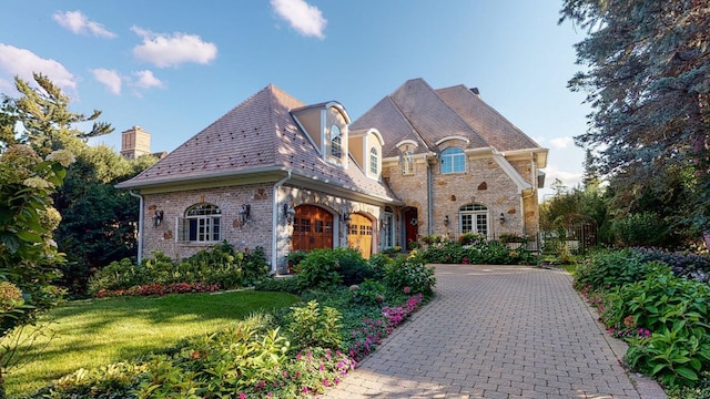 french country style house featuring a front lawn