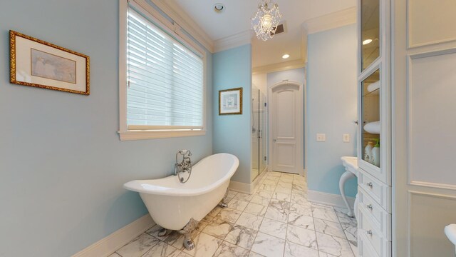 bathroom with independent shower and bath and crown molding