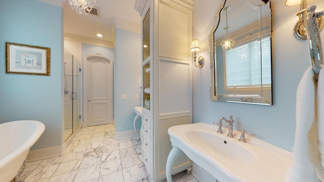 bathroom with shower with separate bathtub and ornamental molding