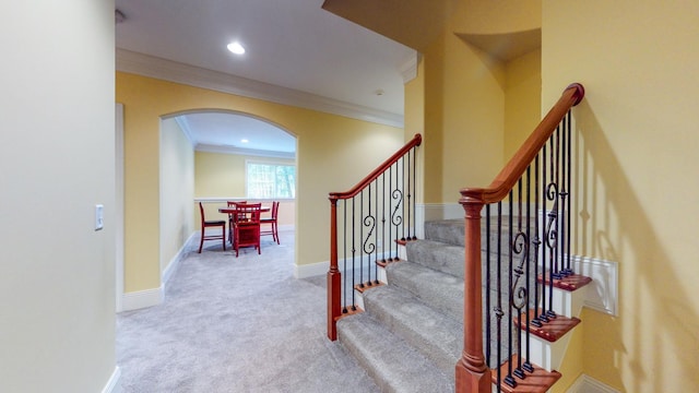 stairway featuring carpet flooring and ornamental molding