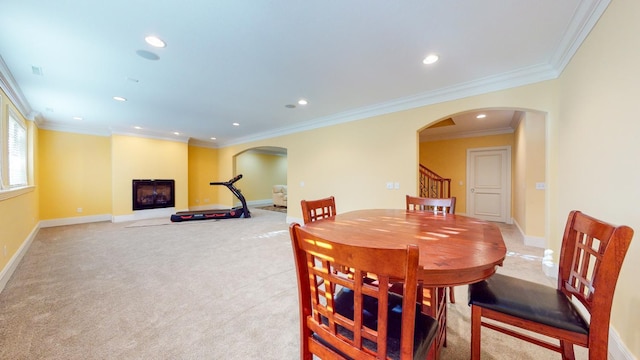 dining room featuring carpet floors and ornamental molding