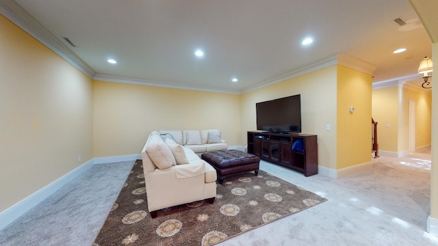 carpeted living room featuring ornamental molding