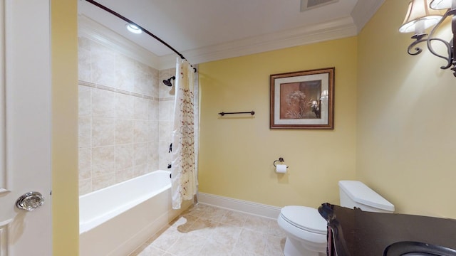 full bathroom featuring ornamental molding, vanity, toilet, and shower / tub combo with curtain