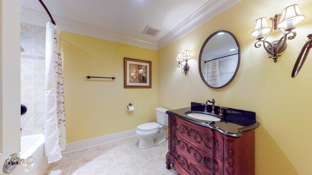 full bathroom with tile patterned flooring, toilet, shower / tub combo with curtain, vanity, and ornamental molding