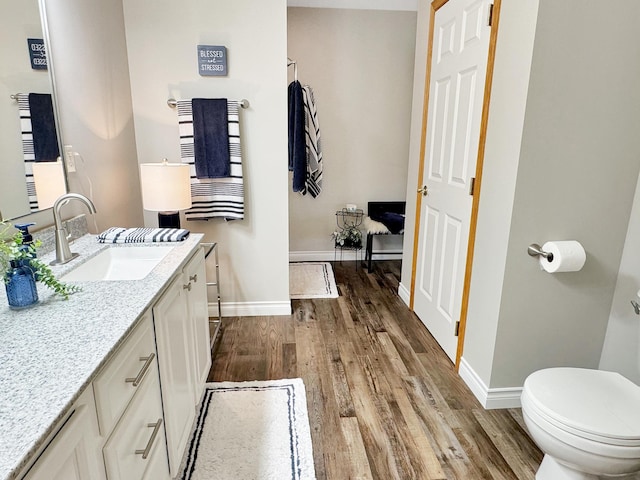 bathroom featuring toilet, hardwood / wood-style flooring, and vanity