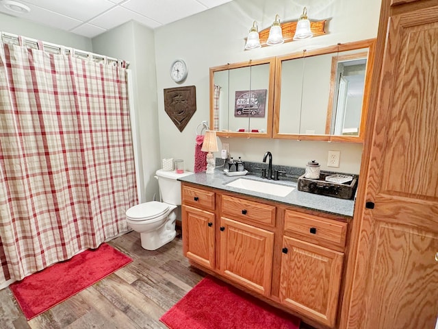 bathroom with vanity, toilet, hardwood / wood-style floors, and a drop ceiling