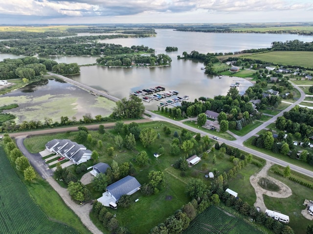 drone / aerial view with a water view and a rural view