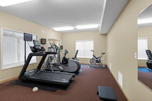 workout area with a textured ceiling and carpet flooring