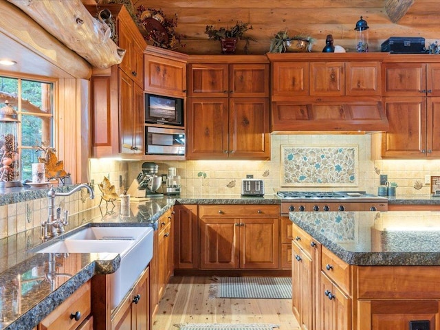 kitchen with sink, appliances with stainless steel finishes, backsplash, custom exhaust hood, and light wood-type flooring