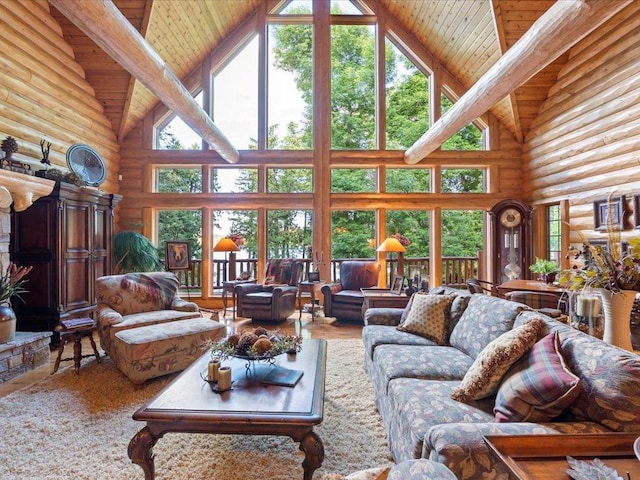 living room with high vaulted ceiling, wooden ceiling, and rustic walls