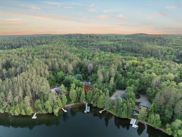 aerial view at dusk featuring a water view