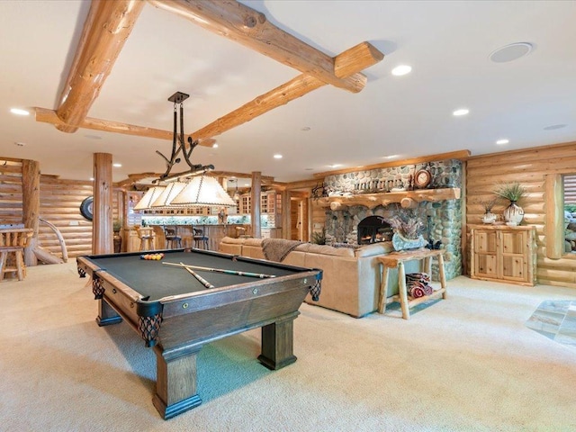 game room featuring beamed ceiling, billiards, rustic walls, and carpet