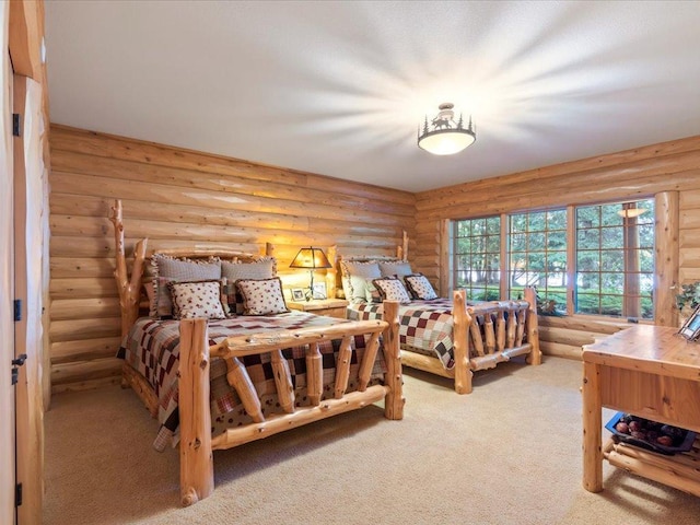 carpeted bedroom featuring log walls