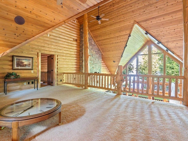 additional living space with rustic walls, ceiling fan, high vaulted ceiling, carpet floors, and wooden ceiling