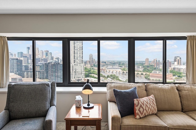 living area featuring a city view