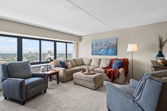 living room with a textured ceiling and light colored carpet