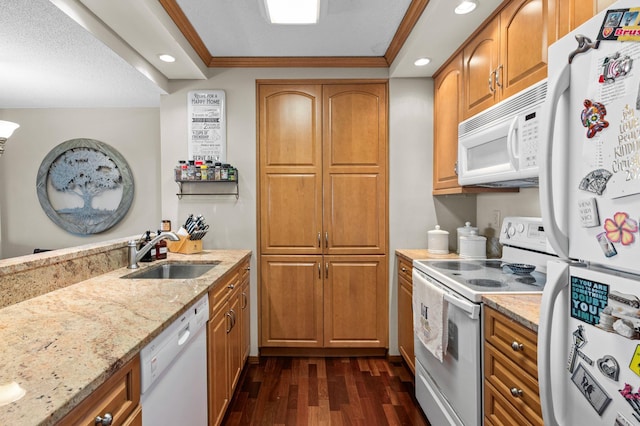 kitchen featuring light stone counters, dark wood finished floors, ornamental molding, a sink, and white appliances