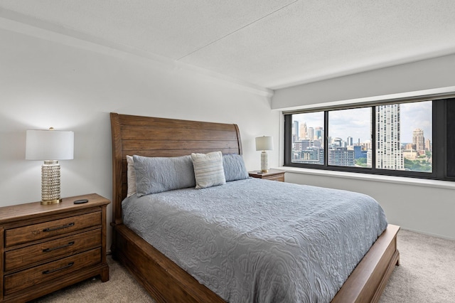 bedroom featuring a view of city, a textured ceiling, and light colored carpet