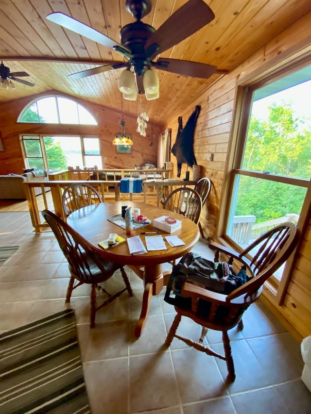 tiled dining area with ceiling fan, lofted ceiling, and wooden ceiling