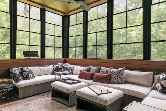 sunroom with ceiling fan and wood ceiling