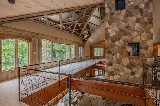 corridor featuring carpet flooring and lofted ceiling