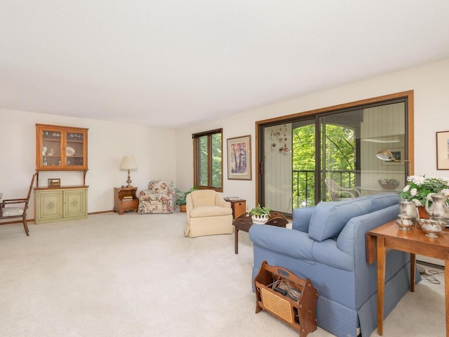 living room featuring light carpet