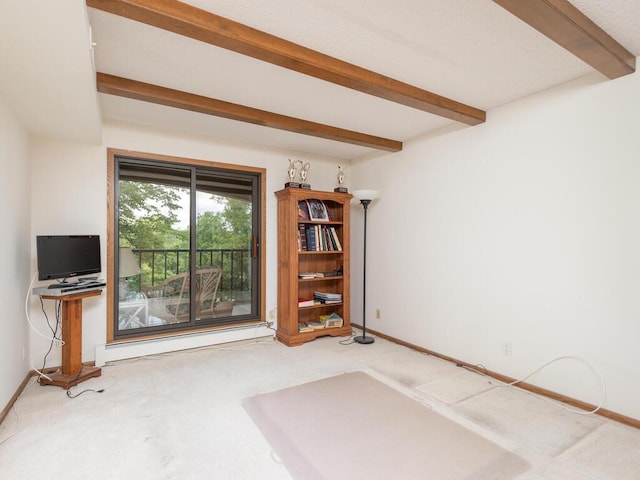 unfurnished living room featuring baseboards, beam ceiling, baseboard heating, and carpet floors