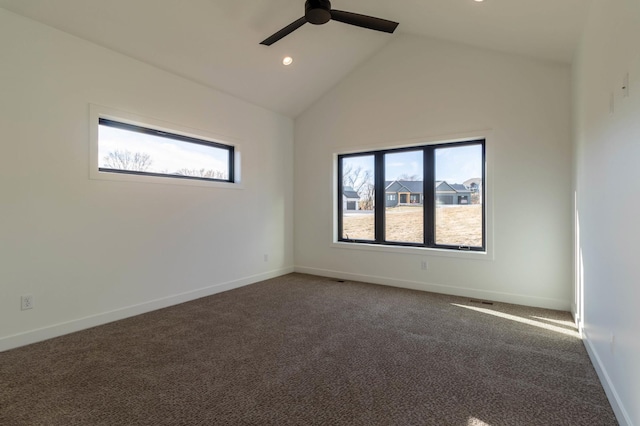 3180 Bella Terra Ln NE, Rochester, MN 55906 - carpeted spare room featuring a ceiling fan, baseboards, lofted ceiling, and recessed lighting