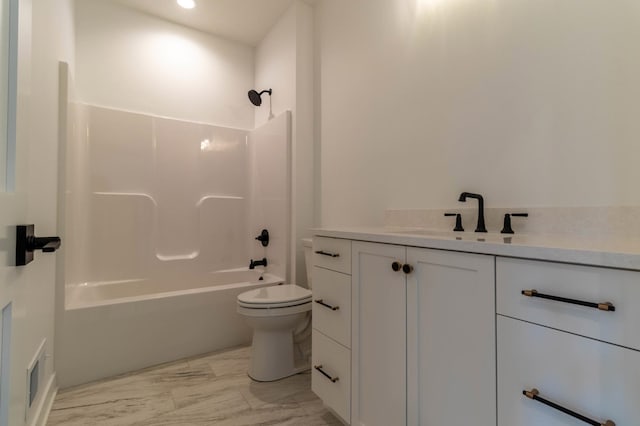 3180 Bella Terra Ln NE, Rochester, MN 55906 - bathroom with toilet, vanity, tub / shower combination, marble finish floors, and recessed lighting