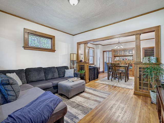 living room featuring hardwood / wood-style flooring, ornamental molding, a textured ceiling, and ornate columns