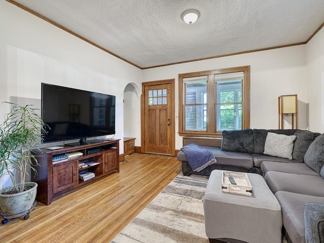 living room featuring ornamental molding, light hardwood / wood-style floors, and a textured ceiling