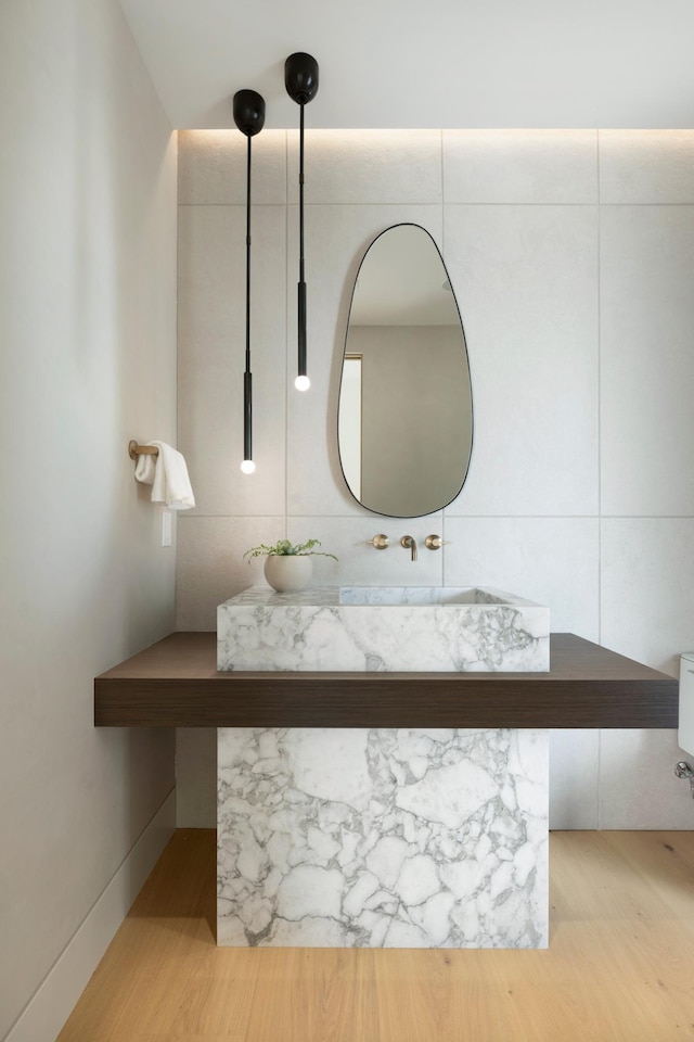 bathroom with sink and hardwood / wood-style flooring