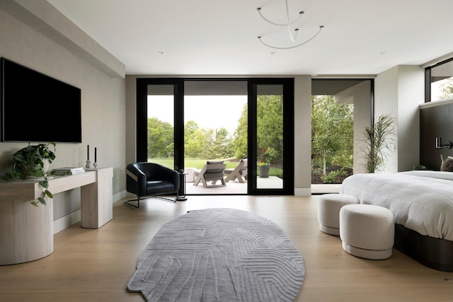 bedroom featuring access to outside, light hardwood / wood-style flooring, and floor to ceiling windows