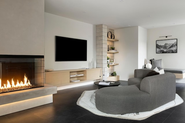 living room with dark tile patterned flooring