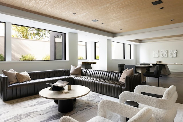 living room featuring wooden ceiling