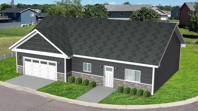 view of front of house featuring a garage, stone siding, and a residential view