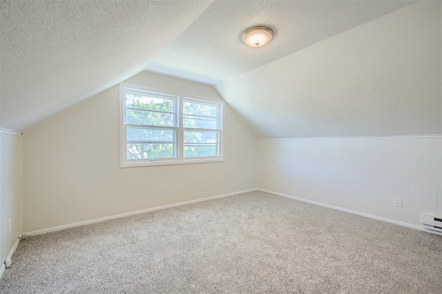 additional living space featuring carpet floors, a textured ceiling, and vaulted ceiling