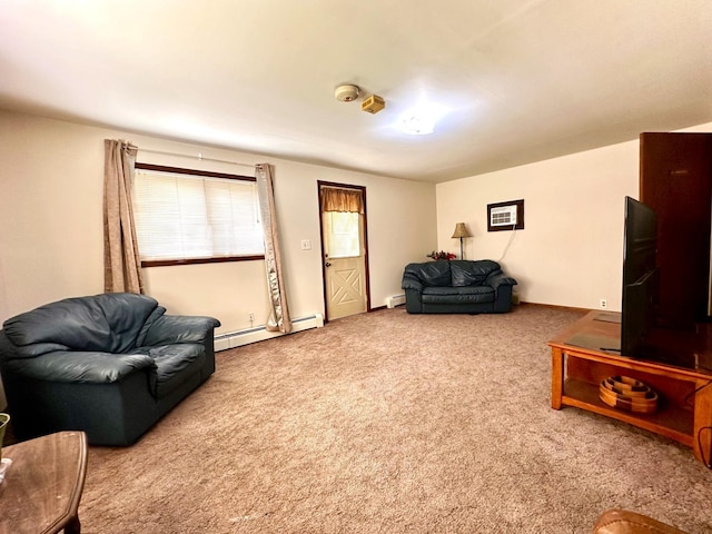 carpeted living room featuring baseboard heating