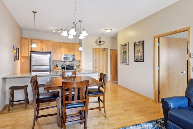 kitchen with a peninsula, appliances with stainless steel finishes, light wood-type flooring, tasteful backsplash, and decorative light fixtures