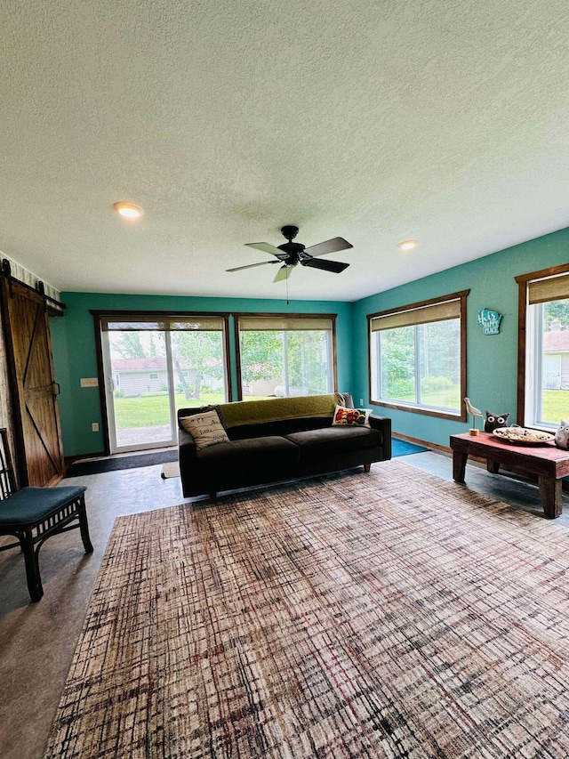 living room with a healthy amount of sunlight, carpet, a barn door, and a textured ceiling