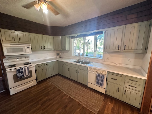 kitchen featuring dark wood-style floors, light countertops, a sink, a textured ceiling, and white appliances