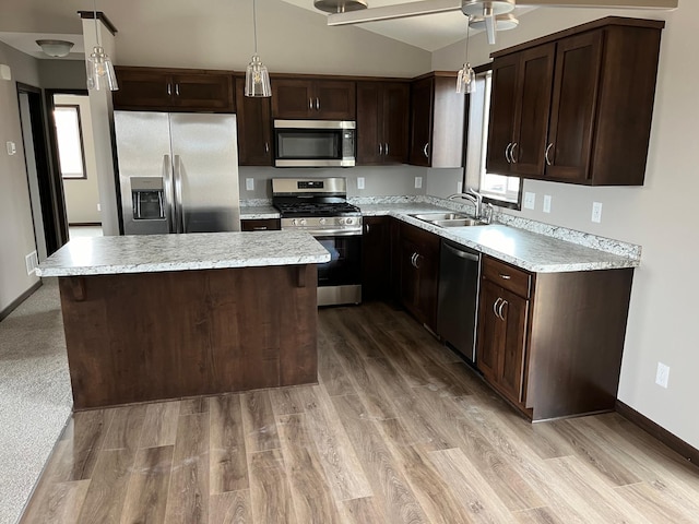 kitchen with dark brown cabinets, stainless steel appliances, light colored carpet, sink, and plenty of natural light