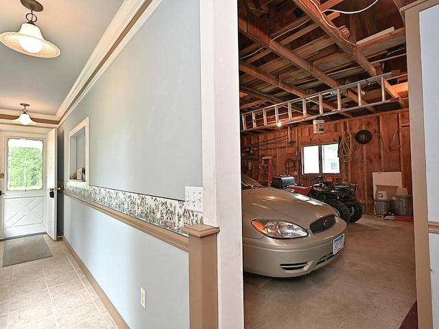 garage with wood walls