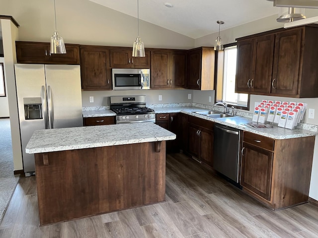 kitchen featuring wood-type flooring, dark brown cabinetry, sink, lofted ceiling, and appliances with stainless steel finishes