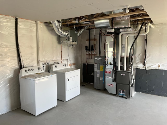 washroom featuring electric water heater, electric panel, and independent washer and dryer