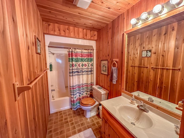 full bathroom with toilet, wood ceiling, wooden walls, and vanity