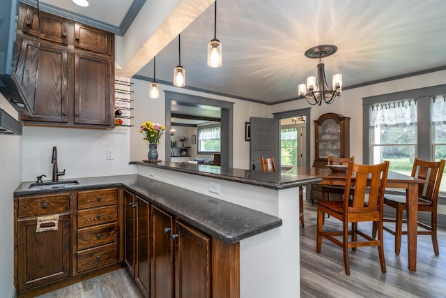 kitchen with hanging light fixtures, dark brown cabinets, sink, and kitchen peninsula