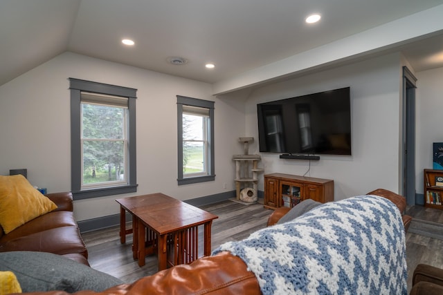 living room featuring vaulted ceiling and dark hardwood / wood-style floors