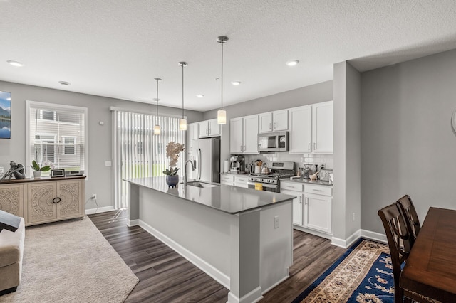 10896 Territorial Trl, Dayton, MN 55369 - kitchen featuring dark wood-style flooring, a sink, an island with sink, stainless steel appliances, and white cabinetry