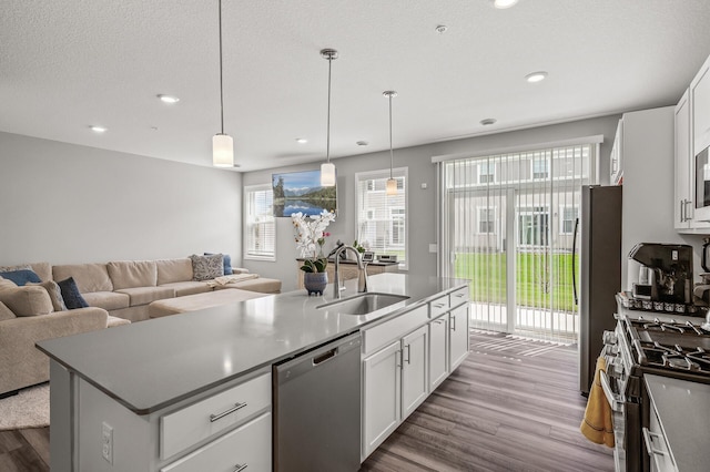 10896 Territorial Trl, Dayton, MN 55369 - kitchen featuring white cabinets, a sink, dark wood finished floors, stainless steel appliances, and open floor plan